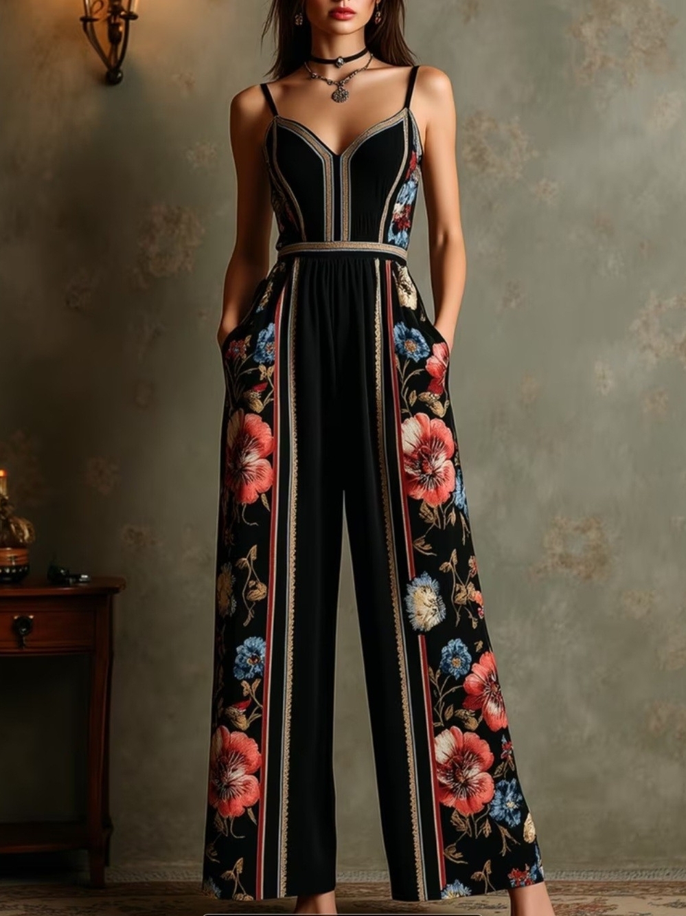 Black Floral Striped Wide-Leg Jumpsuit